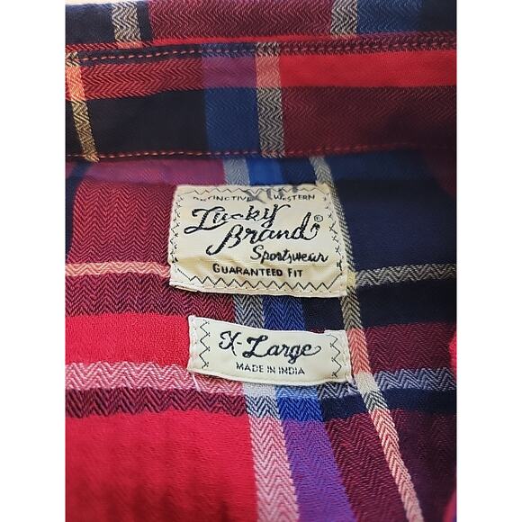 Lucky Brand 100% Cotton Red Blue Plaid LS Pearl Snap Western Shirt Men's XL - Picture 11 of 12